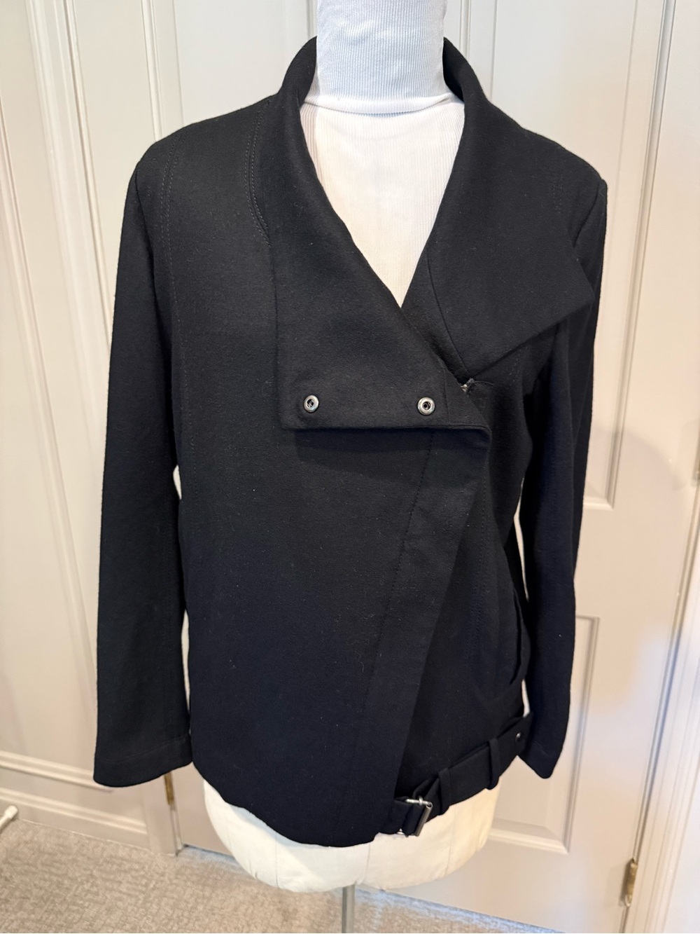 Helmut Lang Black Wool Sonar Asymmetric Belted Jacket Medium